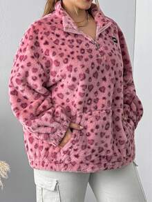 SHEIN CURVE+ Plus Size Women's Leopard Print Wool Zip-Up Sweatshirt, Graduation Long Sleeve Top, Back To School In Fall/Winter - Multicolor - View 5