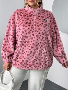 SHEIN CURVE+ Plus Size Women's Leopard Print Wool Zip-Up Sweatshirt, Graduation Long Sleeve Top, Back To School In Fall/Winter - Multicolor - View 3