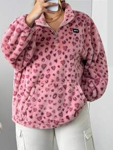 SHEIN CURVE+ Plus Size Women's Leopard Print Wool Zip-Up Sweatshirt, Graduation Long Sleeve Top, Back To School In Fall/Winter - Multicolor - View 1