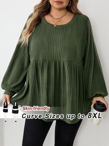 SHEIN CURVE+ Plus Size Women Casual Ribbed Ruffle Hem T-Shirt, Autumn/Winter/Autumn /Winter Fall - Green - View 7