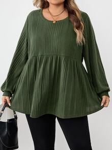 SHEIN CURVE+ Plus Size Women Casual Ribbed Ruffle Hem T-Shirt, Autumn/Winter/Autumn /Winter Fall - Green - View 4