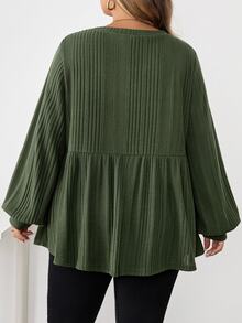 SHEIN CURVE+ Plus Size Women Casual Ribbed Ruffle Hem T-Shirt, Autumn/Winter/Autumn /Winter Fall - Green - View 2
