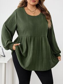 SHEIN CURVE+ Plus Size Women Casual Ribbed Ruffle Hem T-Shirt, Autumn/Winter/Autumn /Winter Fall - Green - View 3