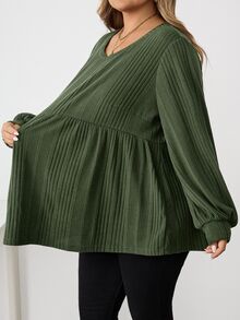 SHEIN CURVE+ Plus Size Women Casual Ribbed Ruffle Hem T-Shirt, Autumn/Winter/Autumn /Winter Fall - Green - View 5