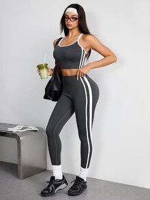 SHEIN Dewbera 無縫高彈力女款側條紋背心與緊身褲運動套裝 - 灰色 - 查看 3