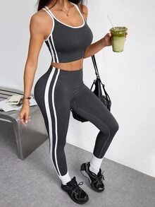 SHEIN Dewbera 無縫高彈力女款側條紋背心與緊身褲運動套裝 - 灰色 - 查看 7