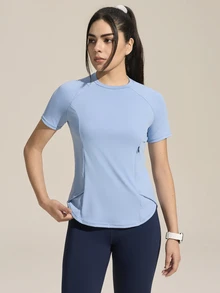 SHEIN Sports 女士纯色圆领插肩袖简约设计户外T恤背心 女士健身上衣 短袖运动上衣 - 藍色 - 查看 3