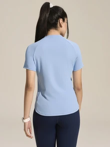 SHEIN Sports 女士纯色圆领插肩袖简约设计户外T恤背心 女士健身上衣 短袖运动上衣 - 藍色 - 查看 7