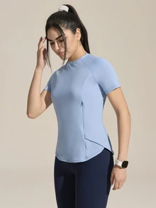 SHEIN Sports 女士纯色圆领插肩袖简约设计户外T恤背心 女士健身上衣 短袖运动上衣 - 藍色 - 查看 4