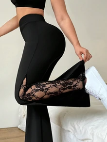 Gameset SHEIN Sport Women's Plus Size Solid Color Contrast Lace Flared Leggings - Black - View 3
