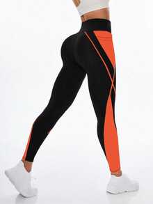 SHEIN Sports 女式高腰弹力撞色口袋运动紧身裤 - 彩色 - 查看 3