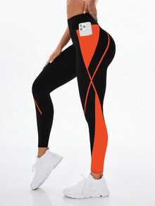 SHEIN Sports 女式高腰弹力撞色口袋运动紧身裤 - 彩色 - 查看 1