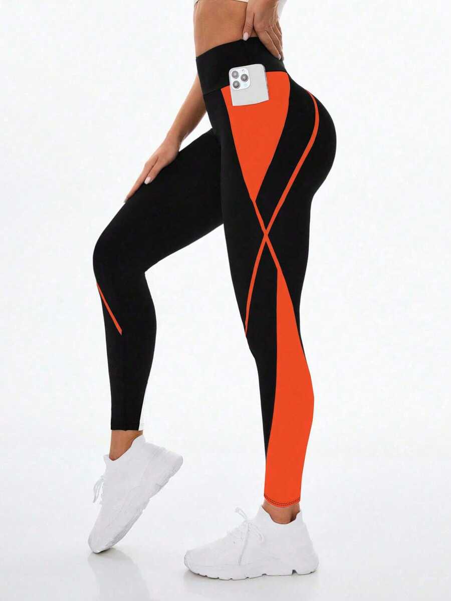 SHEIN Sports 女式高腰弹力撞色口袋运动紧身裤 - 彩色 - 查看 1