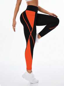 SHEIN Sports 女式高腰弹力撞色口袋运动紧身裤 - 彩色 - 查看 5