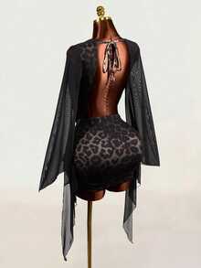Mistrie Autumn Sexy Party Cheetah Print Low-Cut Draped Collar, Flared Sleeves, Black Halloween Two Pieces Set - Black - View 2