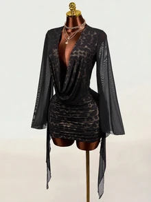Mistrie Autumn Sexy Party Cheetah Print Low-Cut Draped Collar, Flared Sleeves, Black Halloween Two Pieces Set - Black - View 6