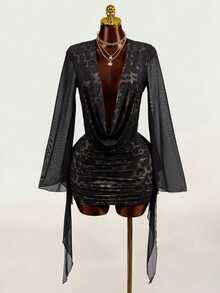Mistrie Autumn Sexy Party Cheetah Print Low-Cut Draped Collar, Flared Sleeves, Black Halloween Two Pieces Set - Black - View 4