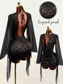 Mistrie Autumn Sexy Party Cheetah Print Low-Cut Draped Collar, Flared Sleeves, Black Halloween Two Pieces Set - Black - View 8