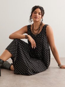Freevana 大码夏季休闲波点印花无袖连衣裙 - 黑色 - 查看 4