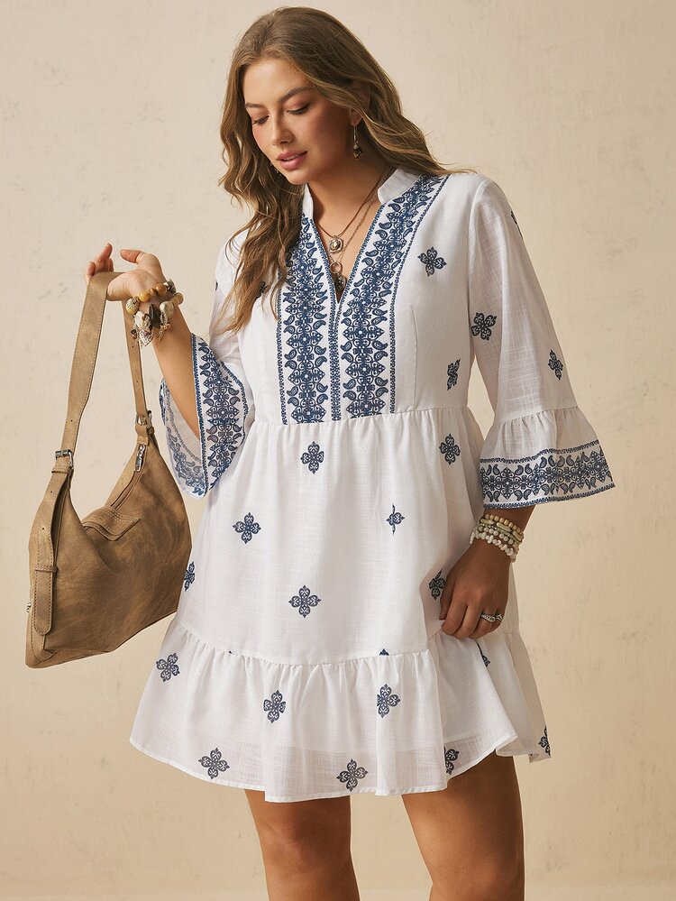 Freevana Women's Plus Size Notch Neck Half Sleeve Loose Short Dress Pattern Print Ruffle Hem Elegant Cottage Core Boho Casual Autumn Navy Blue High Tea Formal - Blue and White - View 6