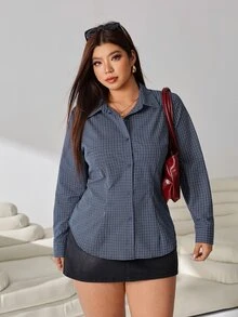 Solflare Plus Size Casual Traditional Commuter Office Formal Plaid Tie Waist Shirt Autumn Blue And White - Multicolor - View 4