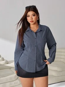 Solflare Plus Size Casual Traditional Commuter Office Formal Plaid Tie Waist Shirt Autumn Blue And White - Multicolor - View 5