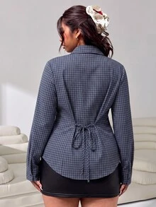 Solflare Plus Size Casual Traditional Commuter Office Formal Plaid Tie Waist Shirt Autumn Blue And White - Multicolor - View 2