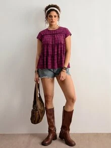 Freevana Camisa de mujer talla grande a cuadros plisada casual suave versátil para uso diario y salidas de oficina formal negro verano - Rosa Fucsia - Ver 5