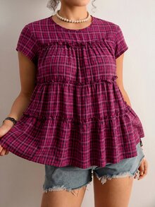 Freevana Camisa de mujer talla grande a cuadros plisada casual suave versátil para uso diario y salidas de oficina formal negro verano - Rosa Fucsia - Ver 4