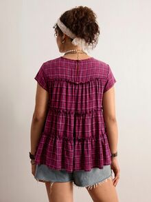 Freevana Camisa de mujer talla grande a cuadros plisada casual suave versátil para uso diario y salidas de oficina formal negro verano - Rosa Fucsia - Ver 3