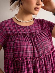 Freevana Camisa de mujer talla grande a cuadros plisada casual suave versátil para uso diario y salidas de oficina formal negro verano - Rosa Fucsia - Ver 8