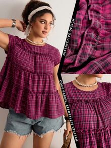 Freevana Camisa de mujer talla grande a cuadros plisada casual suave versátil para uso diario y salidas de oficina formal negro verano - Rosa Fucsia - Ver 9