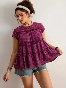 Freevana Camisa de mujer talla grande a cuadros plisada casual suave versátil para uso diario y salidas de oficina formal negro verano - Rosa Fucsia - Ver 6