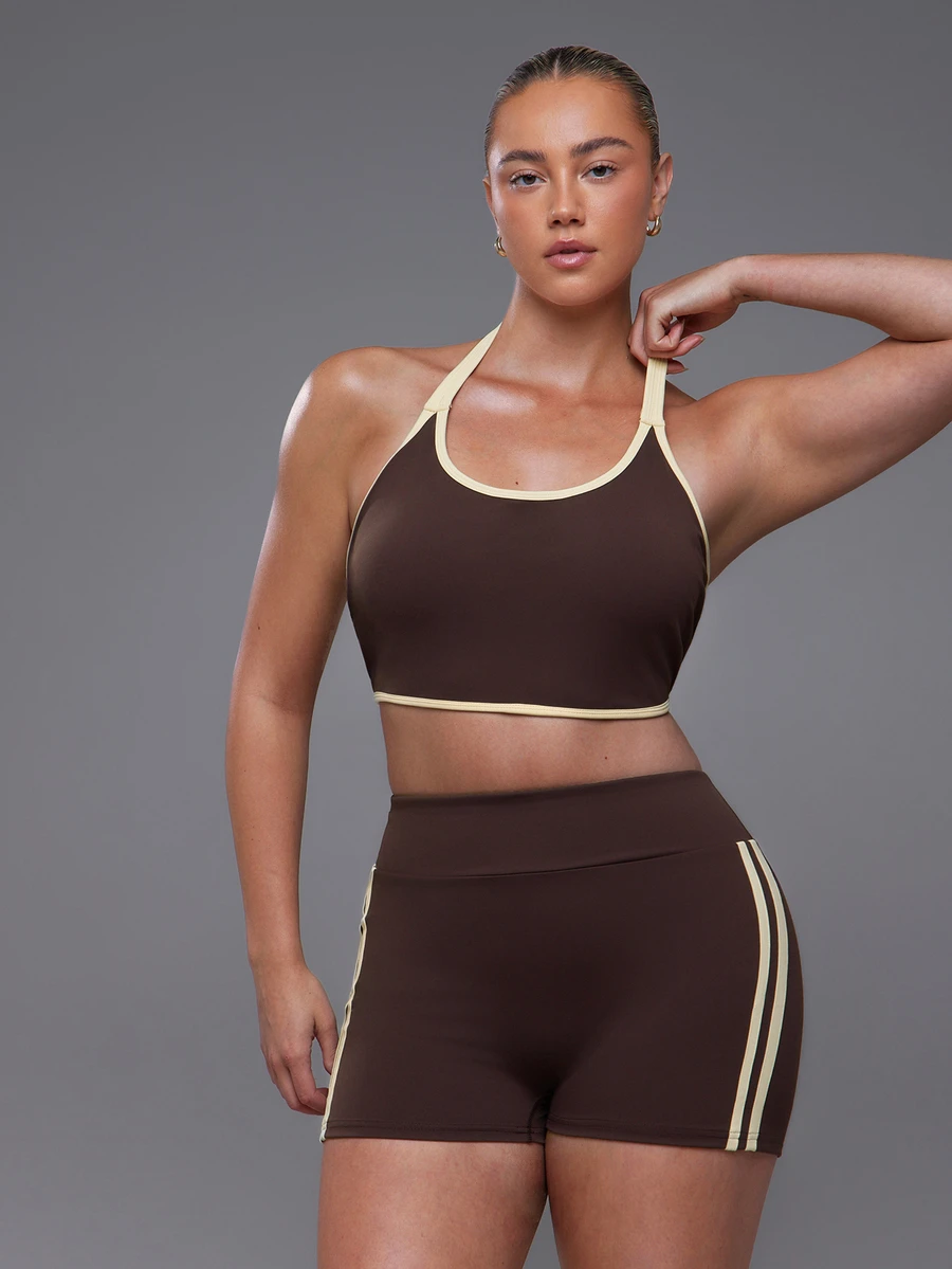 Voyena Women's Plus Size Colorblock Halter Neck Everyday Fitness Sports Bra - Coffee Brown - View 1