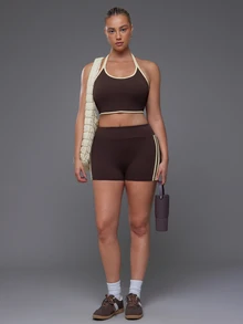 Voyena Women's Plus Size Colorblock Halter Neck Everyday Fitness Sports Bra - Coffee Brown - View 5