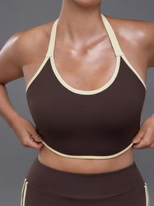 Voyena Women's Plus Size Colorblock Halter Neck Everyday Fitness Sports Bra - Coffee Brown - View 7