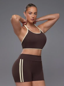 Voyena Women's Plus Size Colorblock Halter Neck Everyday Fitness Sports Bra - Coffee Brown - View 6
