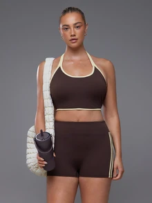Voyena Women's Plus Size Colorblock Halter Neck Everyday Fitness Sports Bra - Coffee Brown - View 4