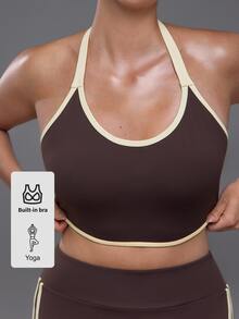 Voyena Women's Plus Size Colorblock Halter Neck Everyday Fitness Sports Bra - Coffee Brown - View 2