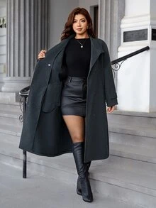 Reflora Plus Size Women's Solid Color Lapel Neck Long Sleeve Double Breasted Casual Overcoat Winter - Dark Grey - View 7