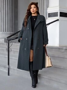 Reflora Plus Size Women's Solid Color Lapel Neck Long Sleeve Double Breasted Casual Overcoat Winter - Dark Grey - View 3