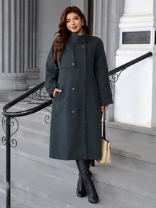 Reflora Plus Size Women's Solid Color Lapel Neck Long Sleeve Double Breasted Casual Overcoat Winter - Dark Grey - View 5