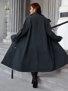Reflora Plus Size Women's Solid Color Lapel Neck Long Sleeve Double Breasted Casual Overcoat Winter - Dark Grey - View 2