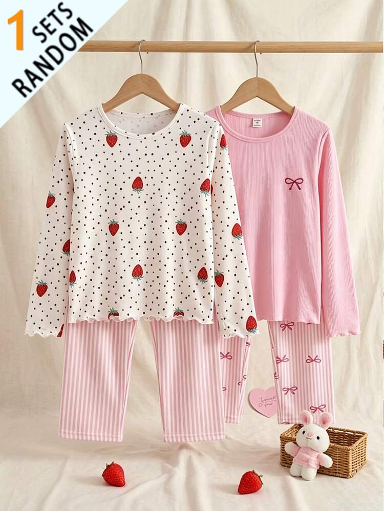 Girls Sweet Strawberry Allover Print Sleepwear Set Tween Red And White Pink And White Long Sleeve Frill Trim Pyjamas Striped Loungewear Pants - Red and White - View 8
