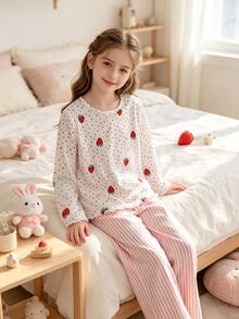 Girls Sweet Strawberry Allover Print Sleepwear Set Tween Red And White Pink And White Long Sleeve Frill Trim Pyjamas Striped Loungewear Pants - Red and White - View 7