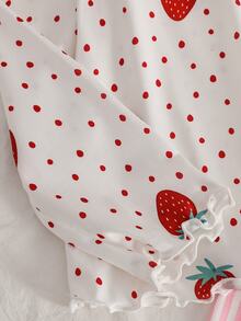 Girls Sweet Strawberry Allover Print Sleepwear Set Tween Red And White Pink And White Long Sleeve Frill Trim Pyjamas Striped Loungewear Pants - Red and White - View 5