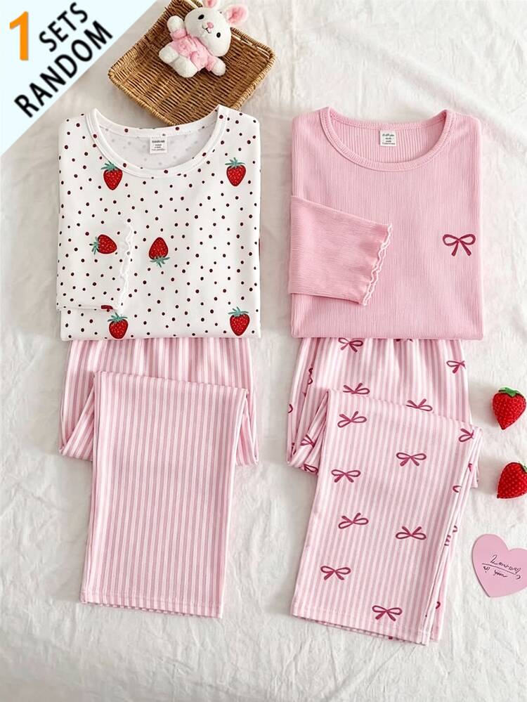 Girls Sweet Strawberry Allover Print Sleepwear Set Tween Red And White Pink And White Long Sleeve Frill Trim Pyjamas Striped Loungewear Pants - Red and White - View 1