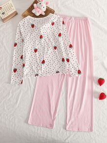 Girls Sweet Strawberry Allover Print Sleepwear Set Tween Red And White Pink And White Long Sleeve Frill Trim Pyjamas Striped Loungewear Pants - Red and White - View 2