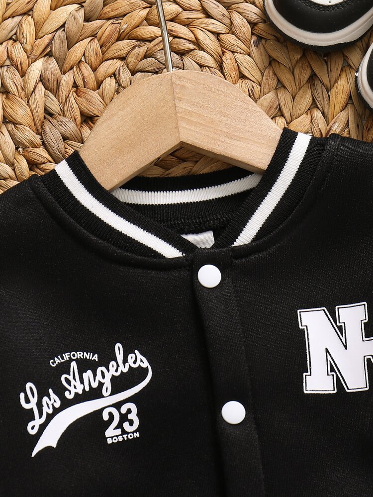 SHEIN Playful Pals Baby Boy Baseball Jacket Letter Print Pants Set Autumn Spring Winter Plush Fabric Family Matching Milestone Black And White Cowboy Racing - Black - View 4