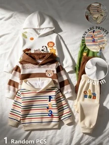 SHEIN 2件組男嬰連帽套裝 休閒米白色彩虹米色動物圖案長袖上學套裝 秋冬可愛親子穿搭 - 彩色 - 查看 3